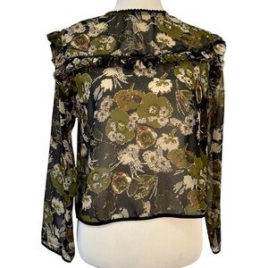 Zara chiffon long sleeve black and olive green floral blouse